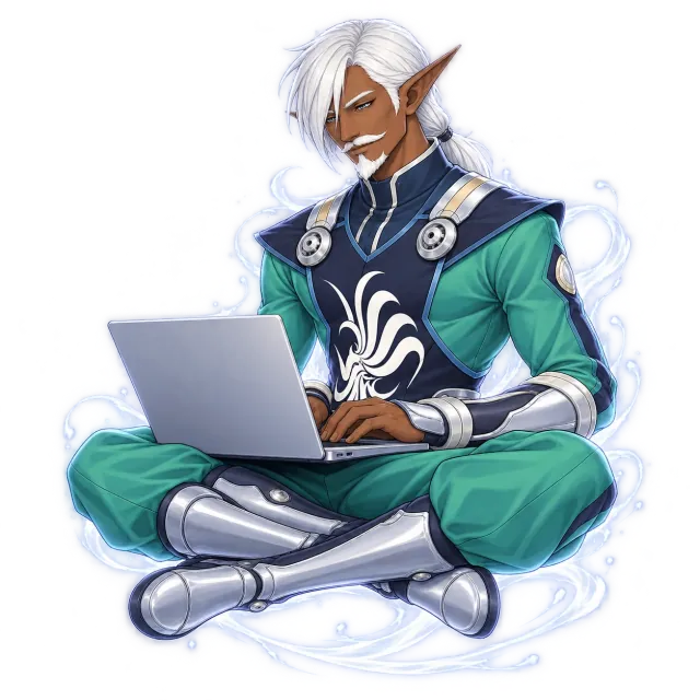 Masamuene, a white-haired elf in a green and navy outfit with silver boots, sitting cross-legged and typing on a silver laptop, with soft blue swirls around him.