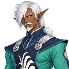 Portrait of Masamuene, Harold's character in PSU, a white-haired elf in a green and navy outfit.