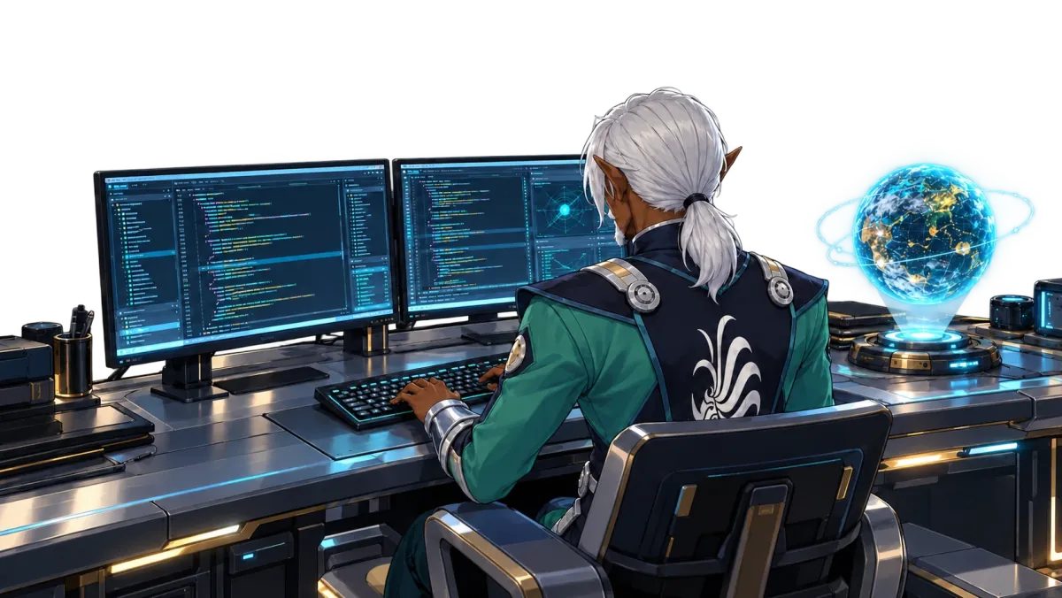 Masamuene seen from behind, typing at two monitors full of code, next to a glowing holographic globe.